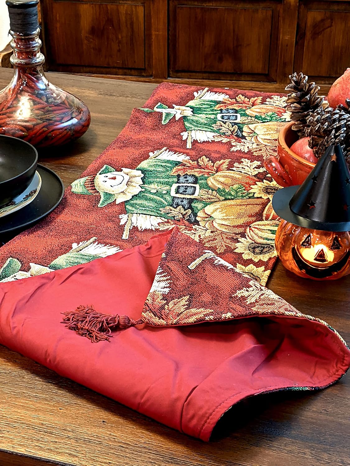 Tache Fall Table Runners 90 inches Long Pumpkin Patch Scarecrow Thanksgiving Autumn Leaves Vintage Farm Harvest Colorful Decorative Woven Long Kitchen Dining Tapestry Fall Table Runner 13x90