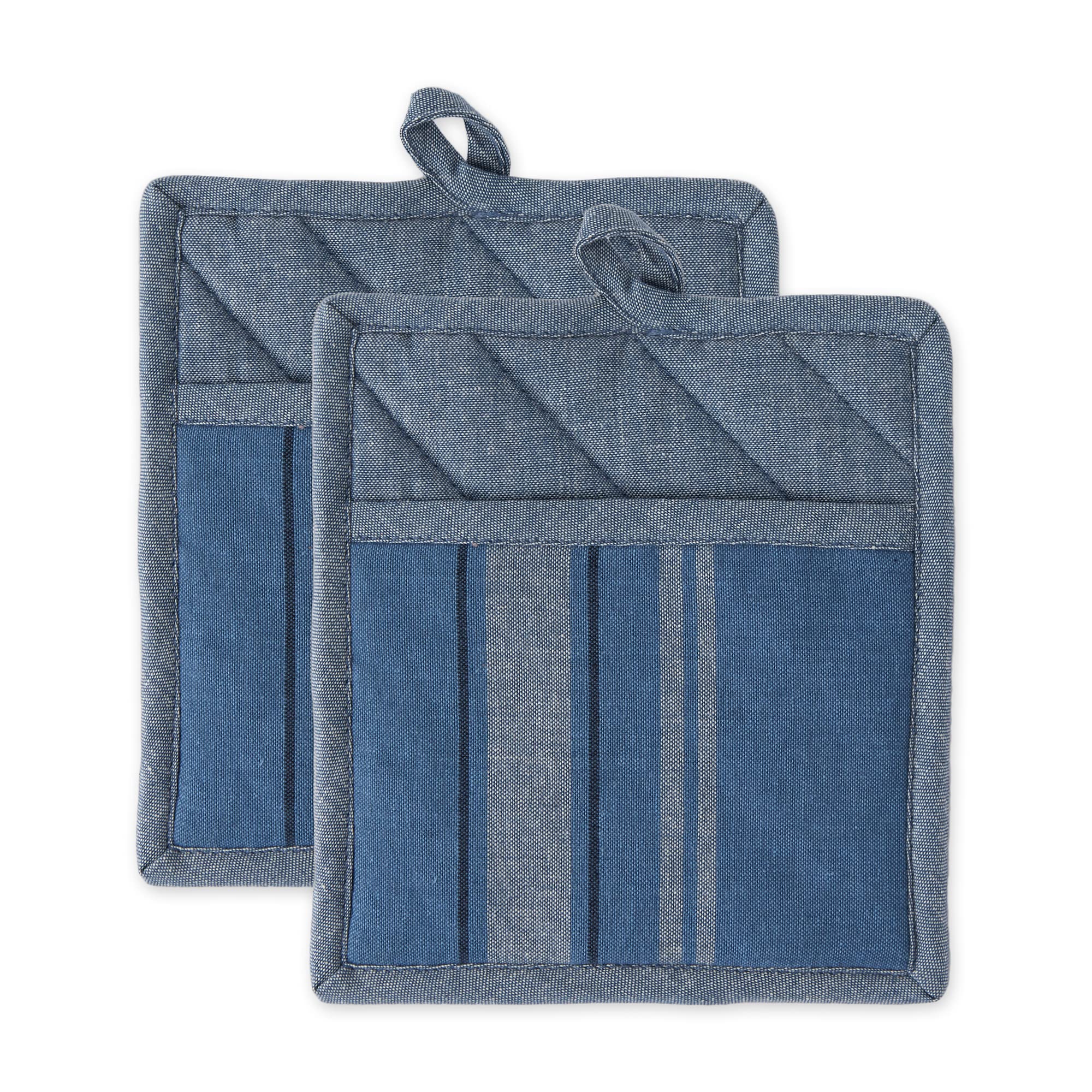 DII French Stripe, Kitchen Collection, Potholders, Chambray Blue, 2 Count