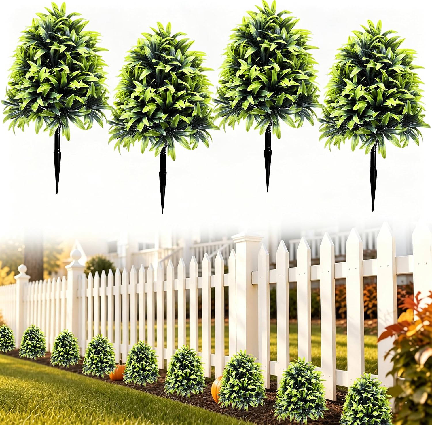 THKFUL 4 Pcs Artificial Cedar Topiary Tree Outdoor with Ground Spike, UV Resistant Faux Pine Shrubs Bushes Plants, 16.5 Inch Small Plastic Greenery for Front Porch Planter Garden Pathway Decor