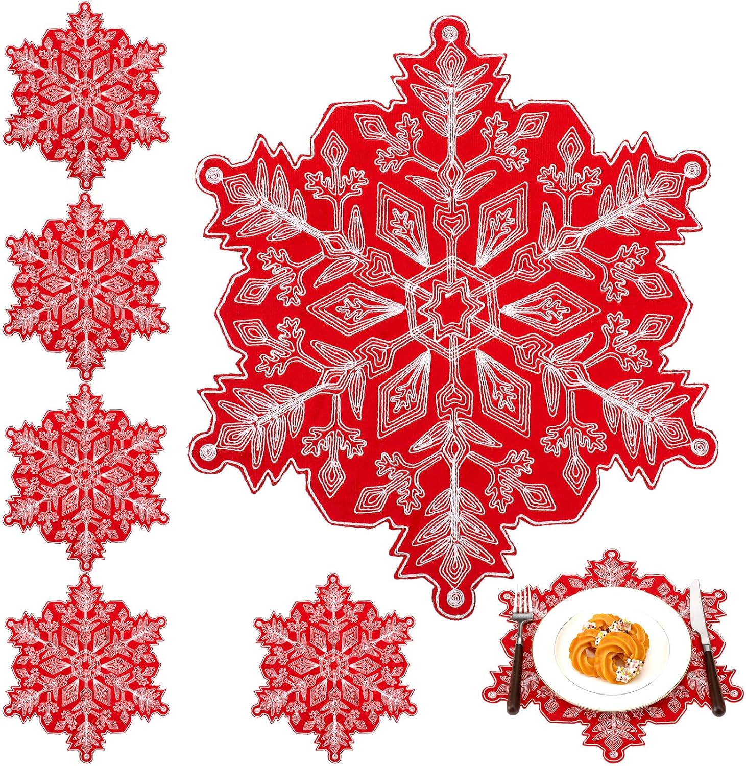 HunnmingRe Christmas Placemats Set of 6 Embroidered Velvet Poinsettia Table Mats 14 Inch Red and Green Double Layer Xmas Place Mats for Xmas Holiday Tabletop Home Dining Kitchen