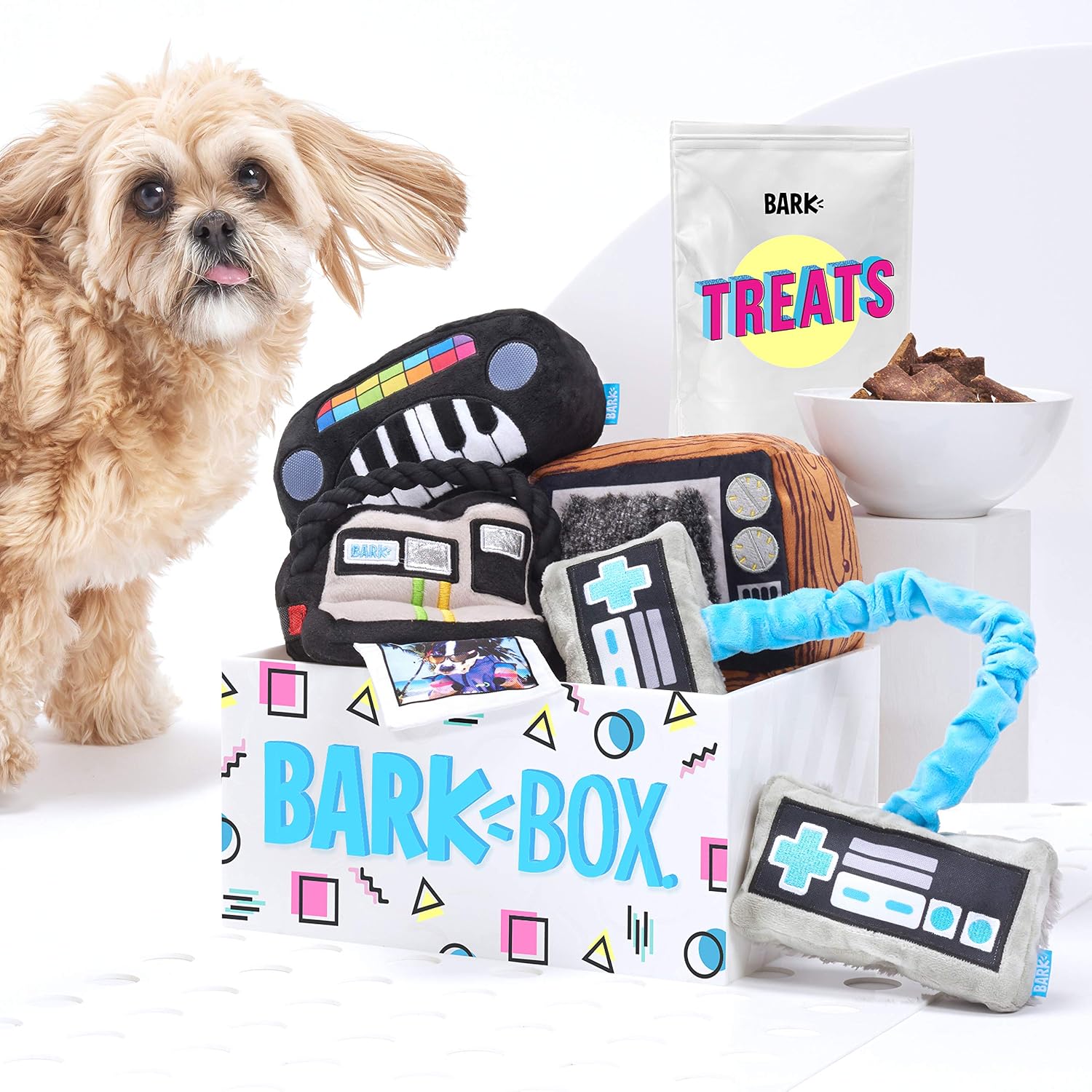 Barkbox Supersized 90s Throwback Electronic Dog Toy Bundle; Four Toys and One Bag of All Natural Treats Made in The USA; Size Small/Medium