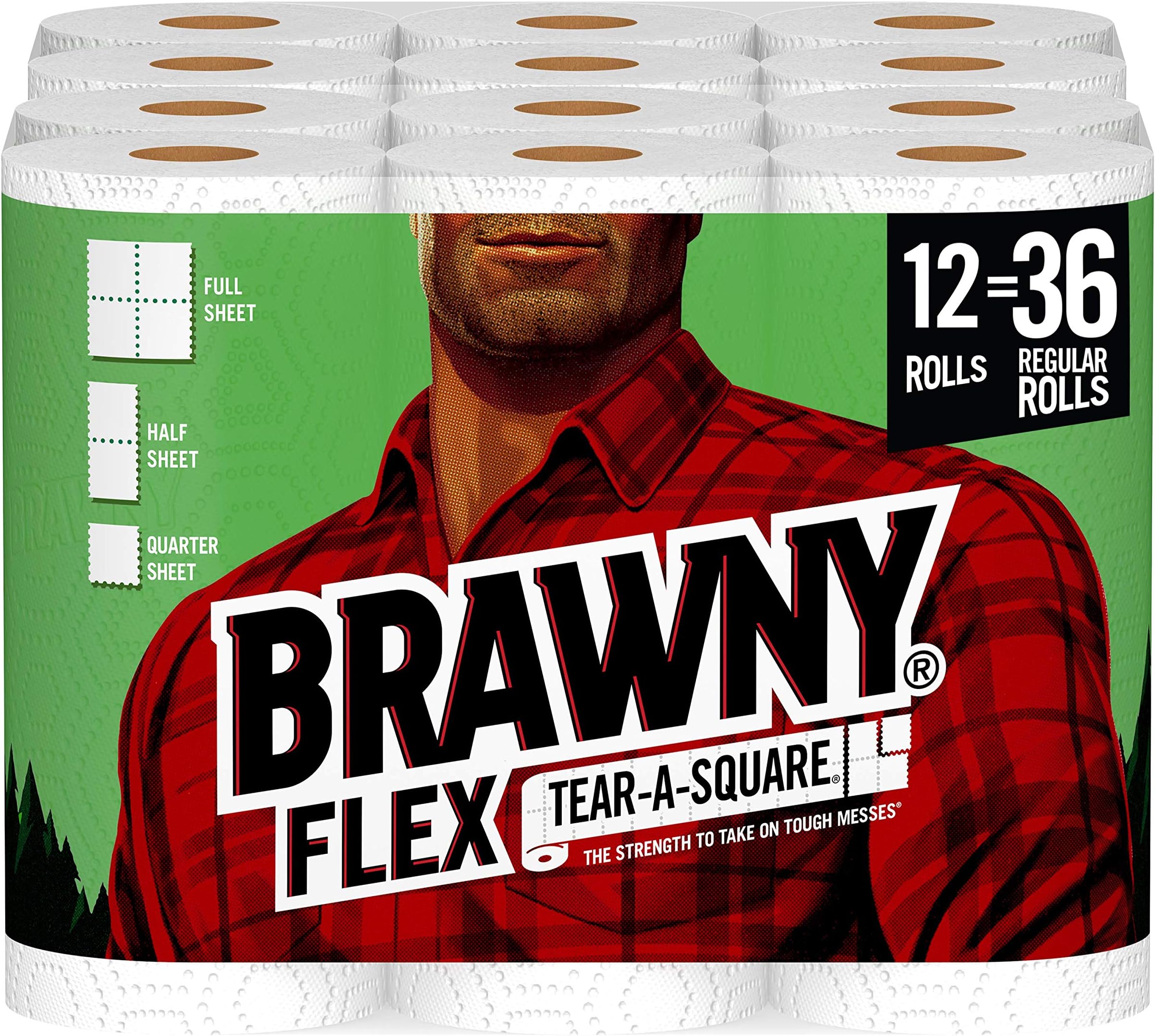 Brawny Flex Paper Towels – 12 Triple Rolls (Equals 36 Regular Rolls), Tear-A-Square With 3 Sheet Sizes