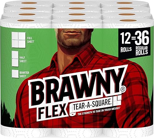 Brawny Toallas de papel flexibles, 12 rollos triples = 36 rollos regulares, rasgar-a-cuadrado, 3 opciones de tamaño de hoja, hojas de tamaño cuarto,