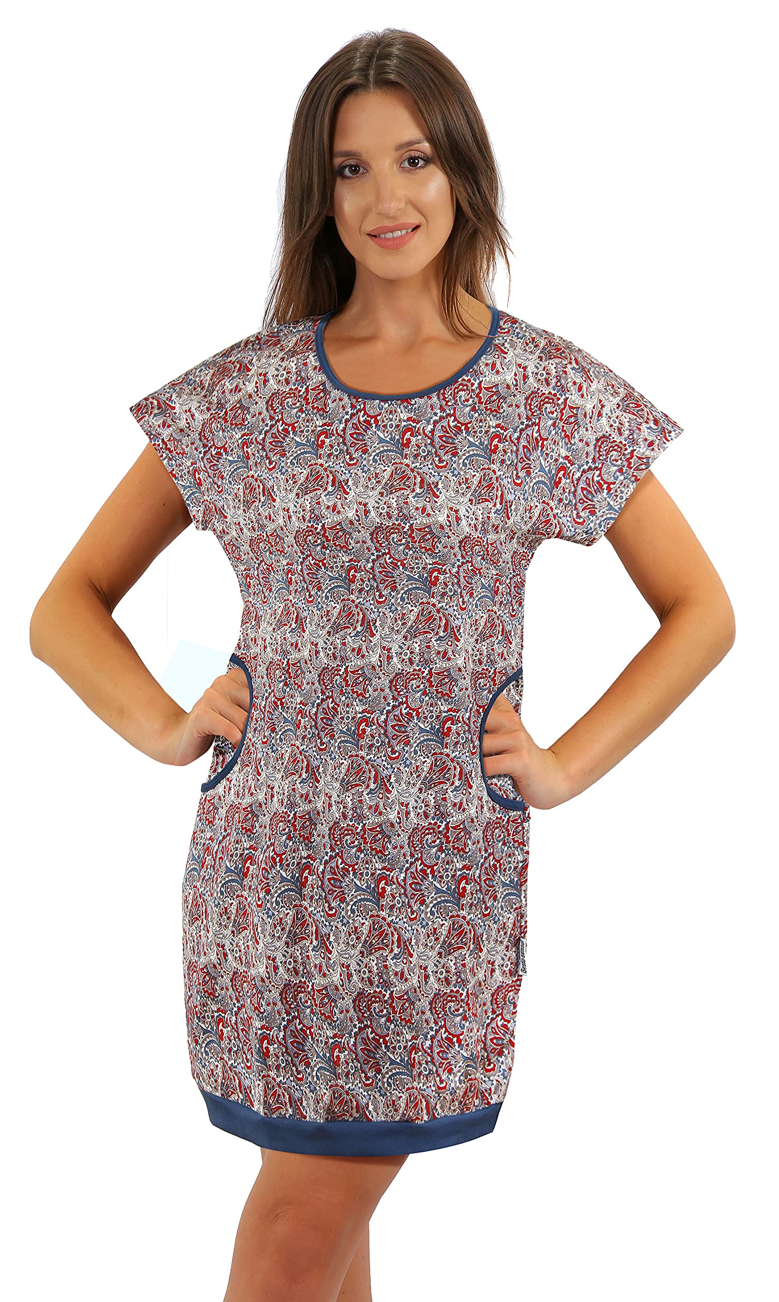 Sesto Senso Camisón Pijama Mujer Manga Cortas con Bolsillos Algodón Camisa de Dormir