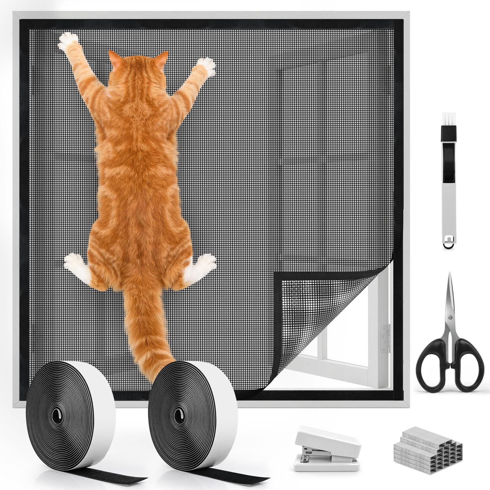 BELICOO Katzennetz Fenster 100x150cm, Fliegengitter Fenster | Stabiler Fensterschutz Katze mit Bürste/Schere/Heftgerät/Heftklammern, DIY Größe, Katzengitter Fenster hält Ungeziefer fern