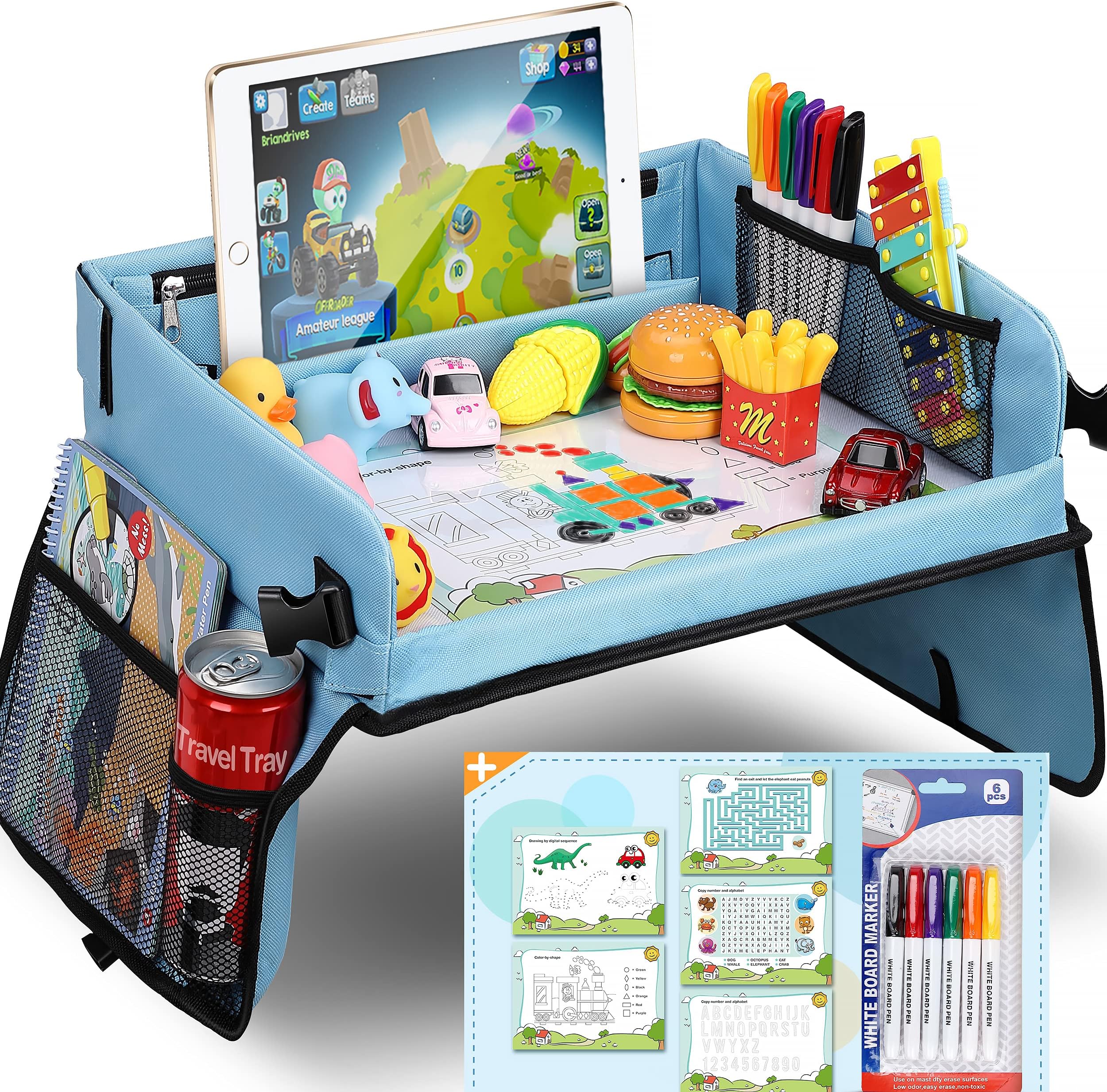 Upgraded Kids Travel Tray with Dry Erase Top Car Seat Travel Tray with 16 Organizer Pockets for Car Stroller Plane With 5 Educational Drawing Blue