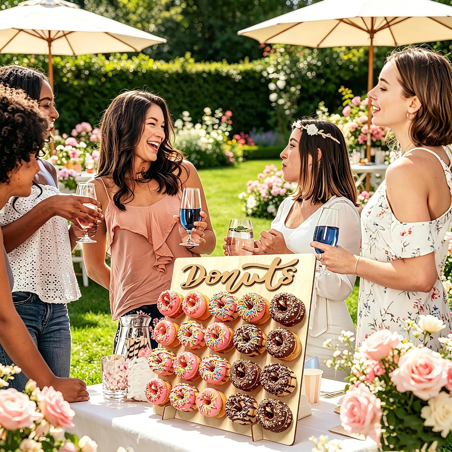 Wooden Donut Wall Display Stand, Holds 20 Donuts Doughnut Peg Board Holder for Birthday Wedding Baby Shower Donut Party Dessert Table Decorations