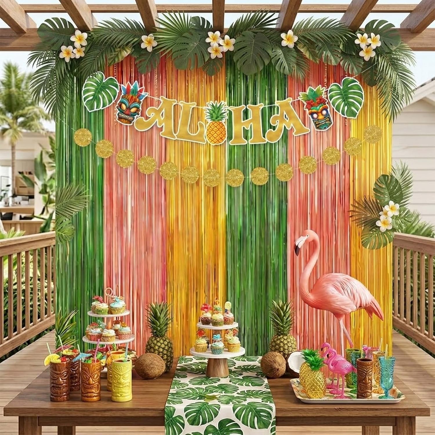 Hawaiian Luau Party Decorations Aloha Birthday Supplies Tropical Theme Decor with Foil Fringe Curtains Fun Paper Glasses Latex Balloon Garland Kit Summer Beach Photo Booth Props image 4