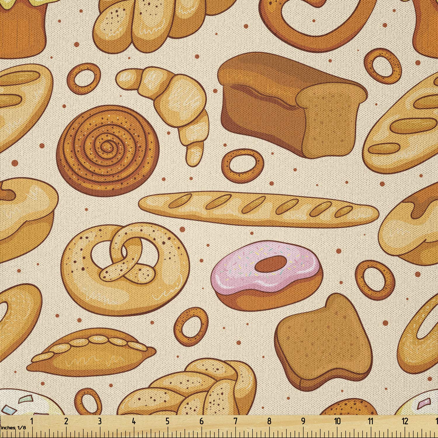 Lunarable Food Fabric by The Yard, Goods from Bakery Bread Doughnut Croissant Bagel and Cinnamon Bun Sketch Design, Microfiber Fabric for Arts and Crafts Textiles &amp; Decor, 1 Yard, Brown Beige