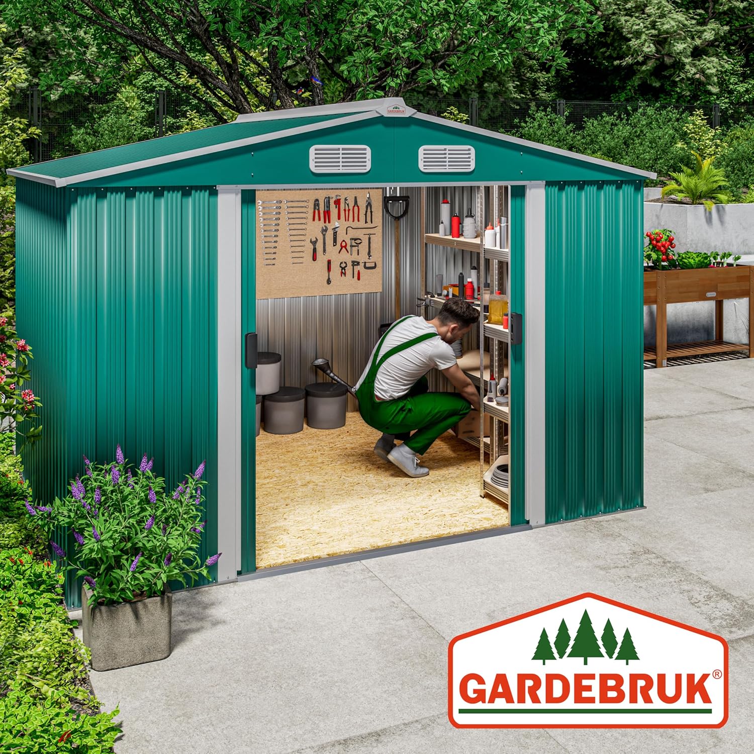 Deuba Cobertor de jardim 8,4 m³, verde 257 x 205 x 177,5 cm, casota de ferramentas 5 m² com porta de correr e janelas