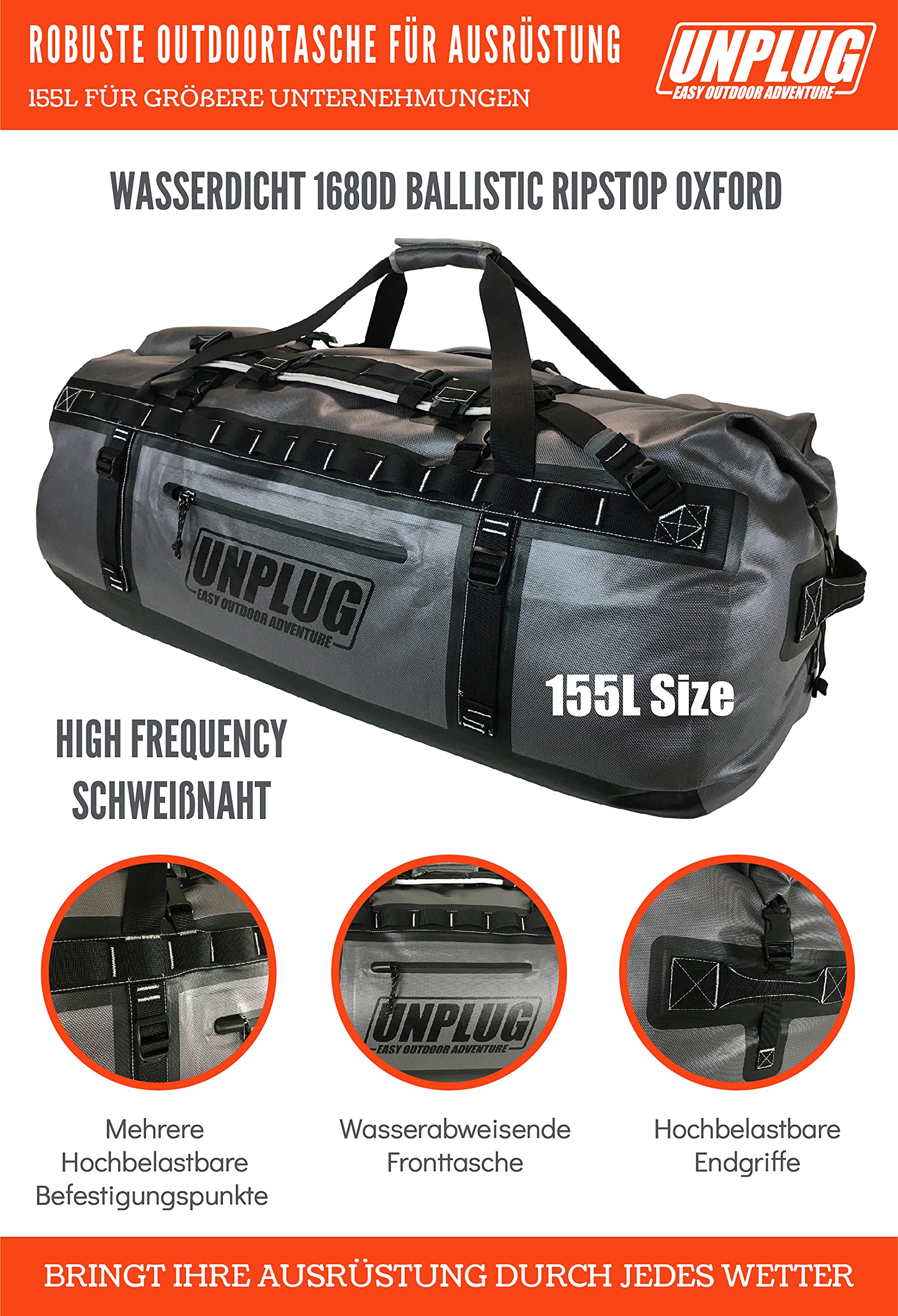 Unplug Ultimate Adventure Bag | 1680D strapazierfähige wasserdichte Seesack | wasserdichte Seesack für Camping, Motorrad, Trockentasche, Jagdtasche, Abenteuer-Sporttasche, wasserdichte Tasche