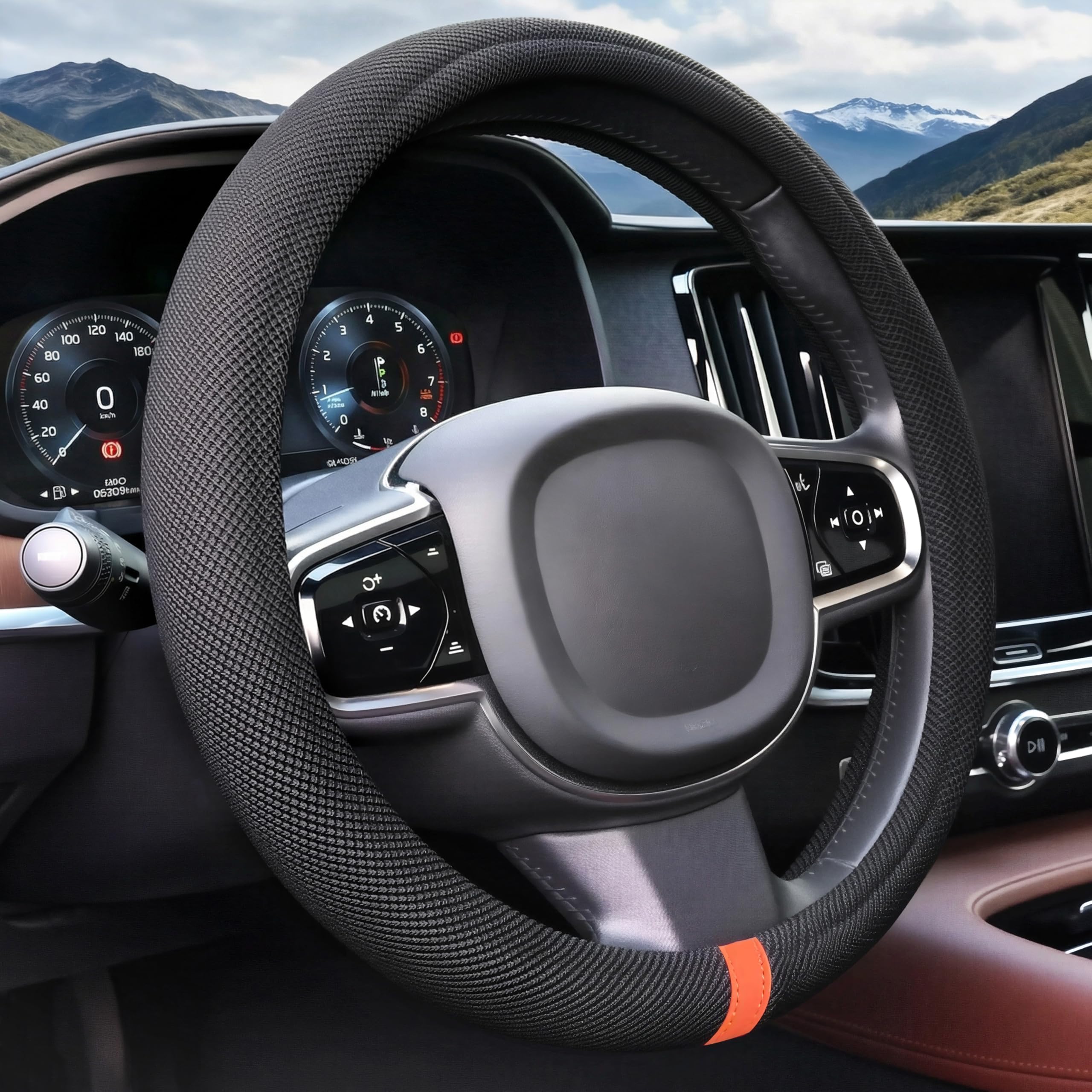 Photo 1 of 15" Universal Cooling Steering Wheel Cover, Microfiber Non-Slip Breathable Cooling Steering Wheel Protector with Silicone Inner Ring for Round/D Shape, Warm in Winter Cool in Summer, Black Orange