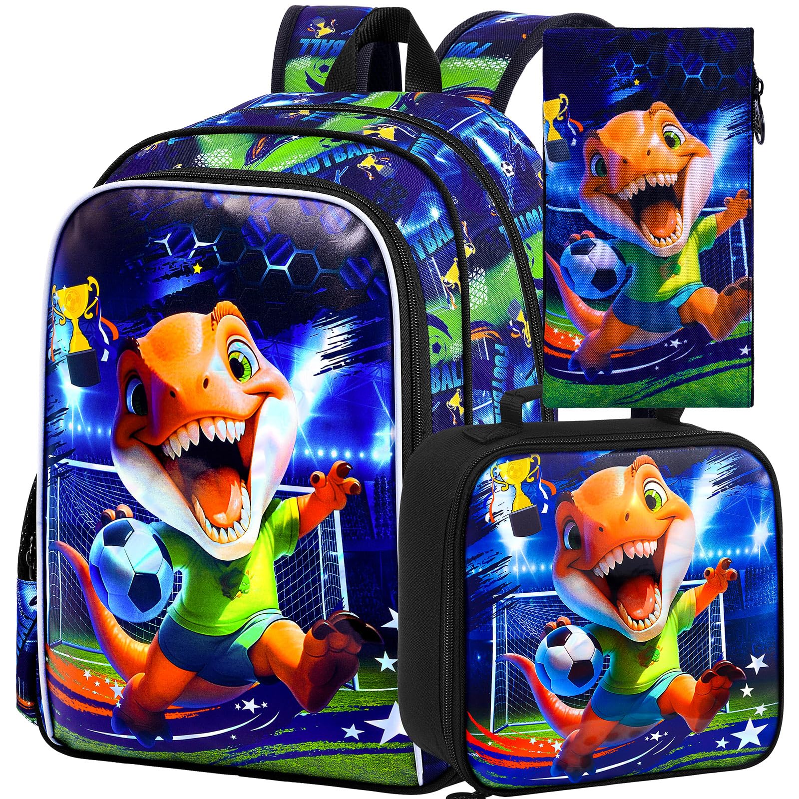 16" Dinosaur Soccer Backpack Set for Boys 4-8, 3Pcs Preschool Bookbag with Football Lunch Box &amp; Pencil Case, Lightweight School Bag (Blue)