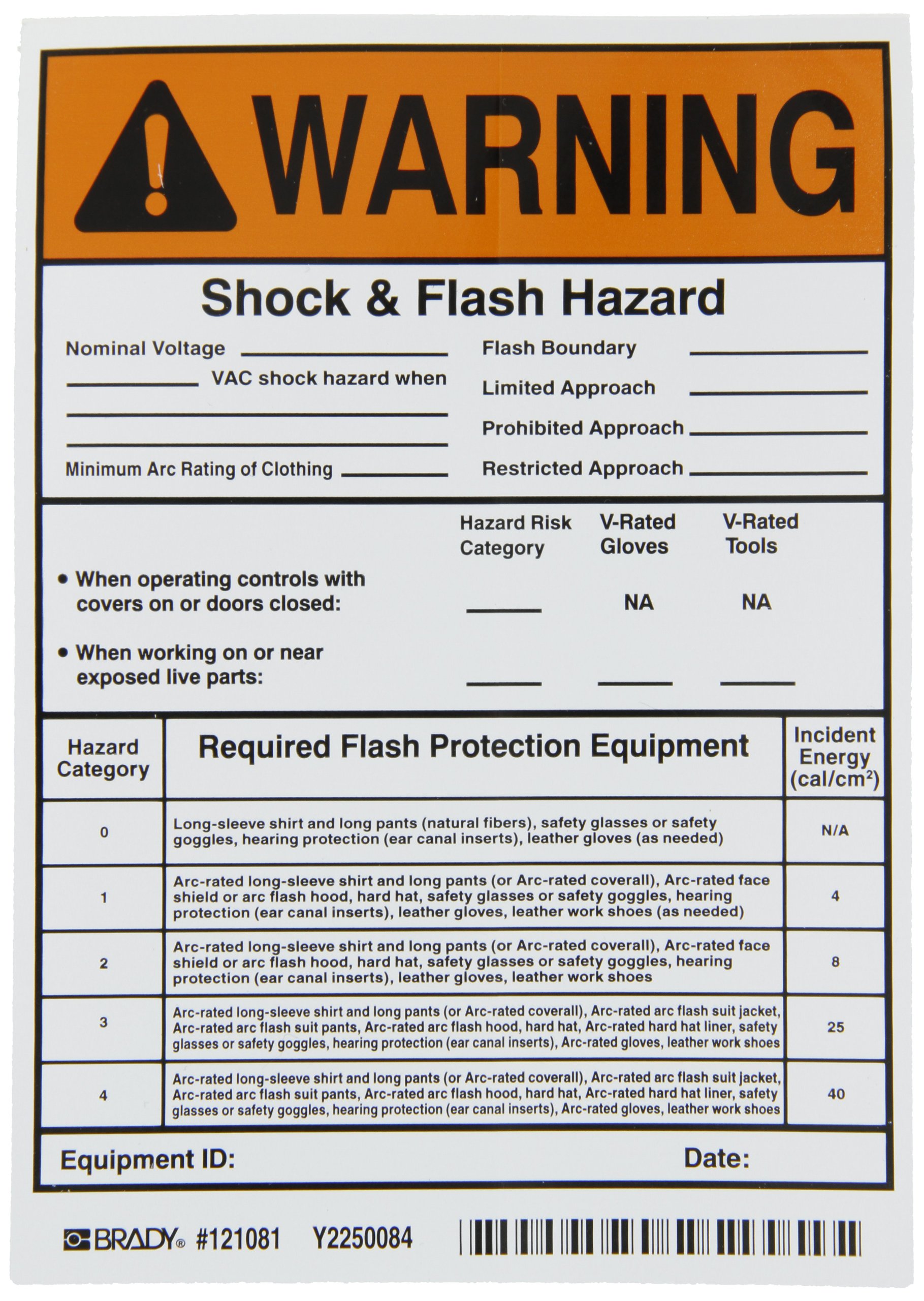 Buy Brady 121081 Vinyl Film WriteOn Hi/Low Risk Arc Flash Labels