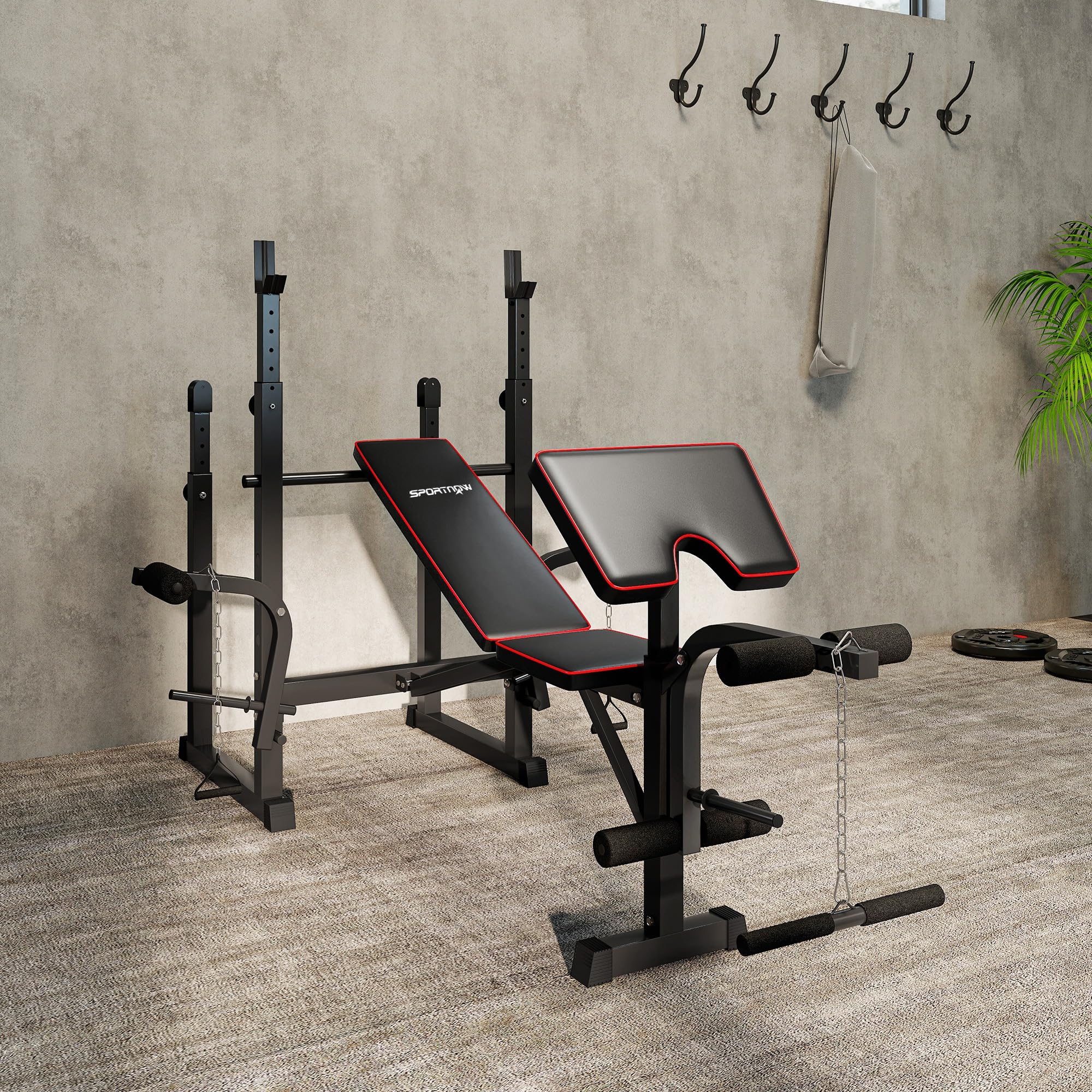 SPORTNOW Banco de Musculación Multifuncional Respaldo Ajustable Negro | Banco de Pesas Multifuncional, Press Banca, Soportes para Barra Regulables, Entrenamiento de Cuerpo, Casa, Gimnasio