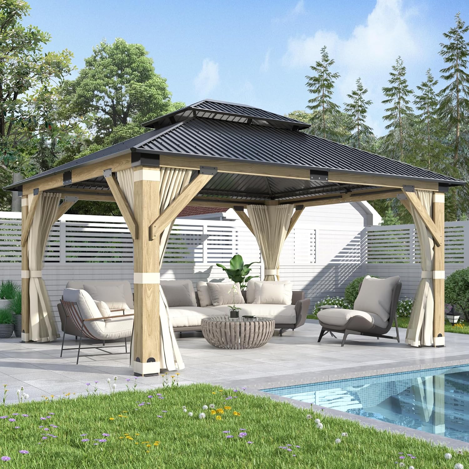 COVERONICS 13FT x 15FT Outdoor Wooden Gazebo - Patio Wood Frame Gazebo with Galvanized Steel Hardtop, Heavy-Duty Hardtop Gazebos with Netting & Curtains for Garden, Poolside, Deck, Backyard