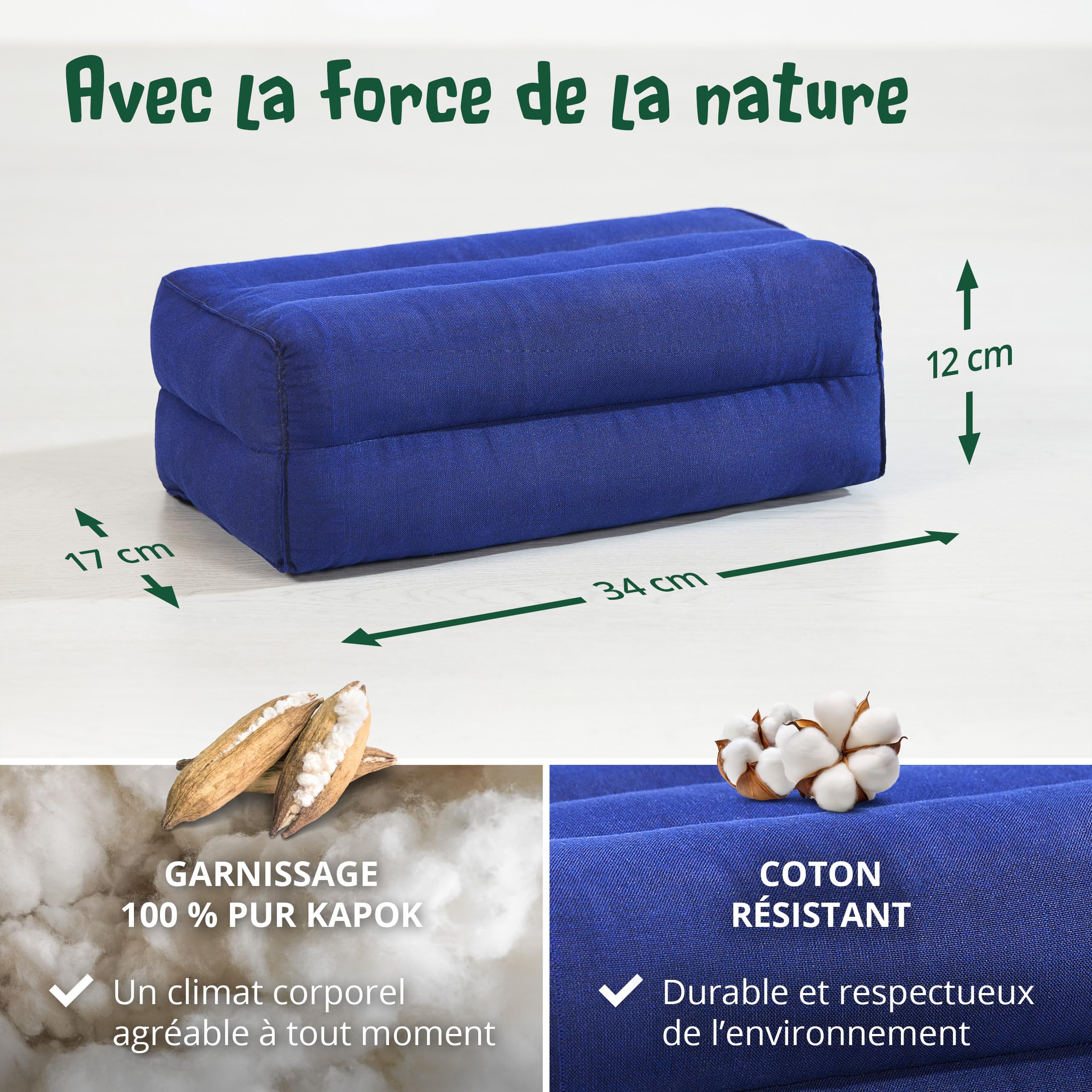Coussin Yoga Bolster Kapok Livasia 17x34x12 Cm – Méditation & Soutien Naturel, Fait Main Thaïlande (Rouge/Vert)