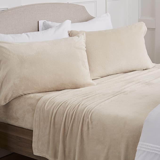 NY Loft Ultra Soft Micro Fleece Sheets Set with Extra Deep Pockets | Extra Soft Velvet Fleece Sheet Set | Super Plush Polar Fleece | Velvet Plush Cozy Warmth | Tribeca Collection (Queen, Beige)