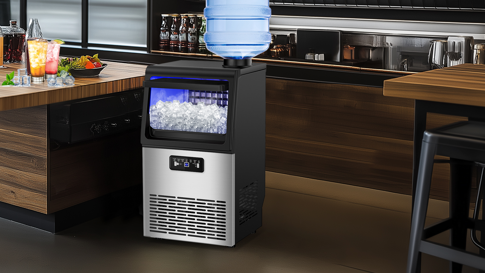 Image of Commercial Ice Maker Machine with 20 Storage Bin, 100Lbs /24H, 36Pcs Ice Cubes 9-15Mins, Dual Water Inlet Options Stainless Steel Under Counter Freestanding Ice Cube Machine for Home, Party, Office