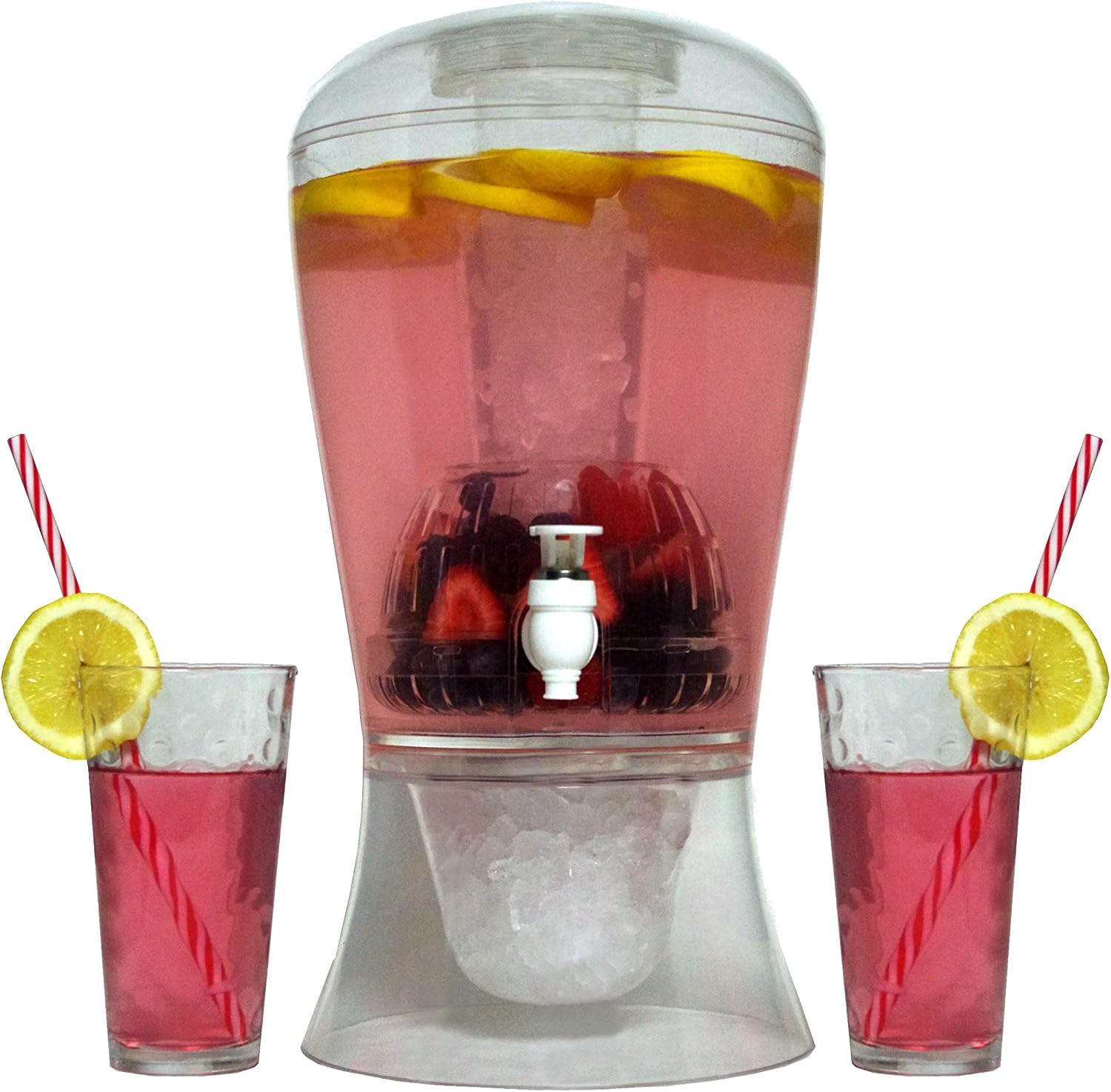 Large 2 Gallon Beverage Dispenser on Stand with Spout – Ice Base and Core Keep Juice and Drinks Cold – Shatterproof Acrylic Jug with Fruit and Tea Infuser and Spigot Perfect for Parties