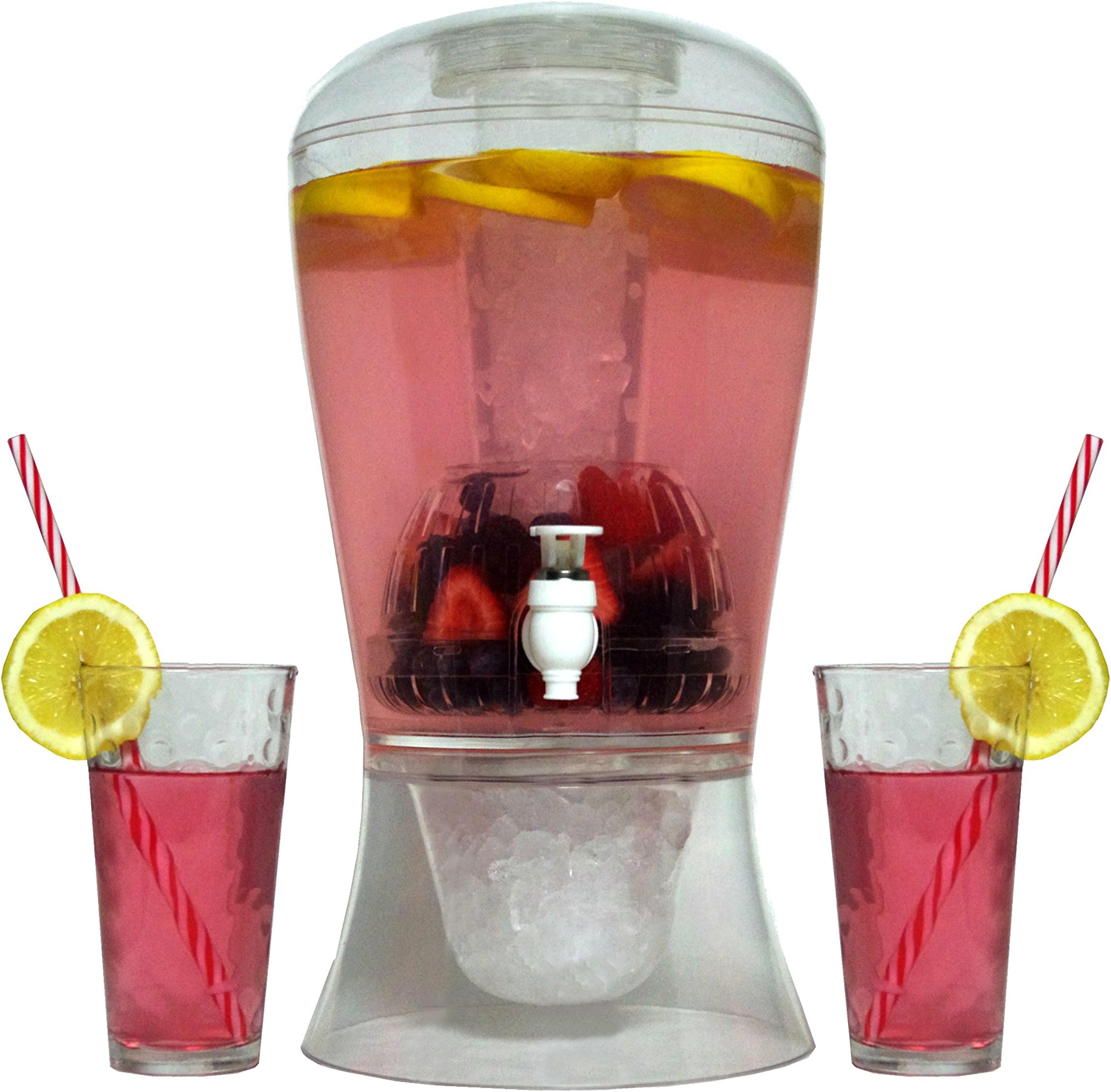Oaklyn 7.5 L Drink Dispenser with Tap and Ice Base Stand - Plastic Juice Beverage Cocktail Soft Drink Bottle with Ice Core Tray at Base - Fruit Flavor Infuser