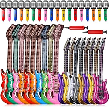 Tradder 72 Pcs Inflatable Guitar and Microphone Set, Rock Star Toy | 24 and 37 Guitars, 10 Mics, Blow up Guitar Bulks for 80s 90s Musical Themed Party, Birthday Party Decor