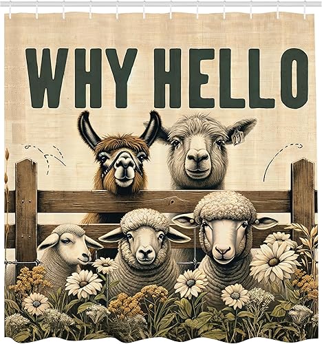 Miniatura 4 de Ambesonne Cortina de ducha de granja, con letras Why Hello Lettering con vaca de alpaca y oveja en flores de prado, juego de decoración de baño de