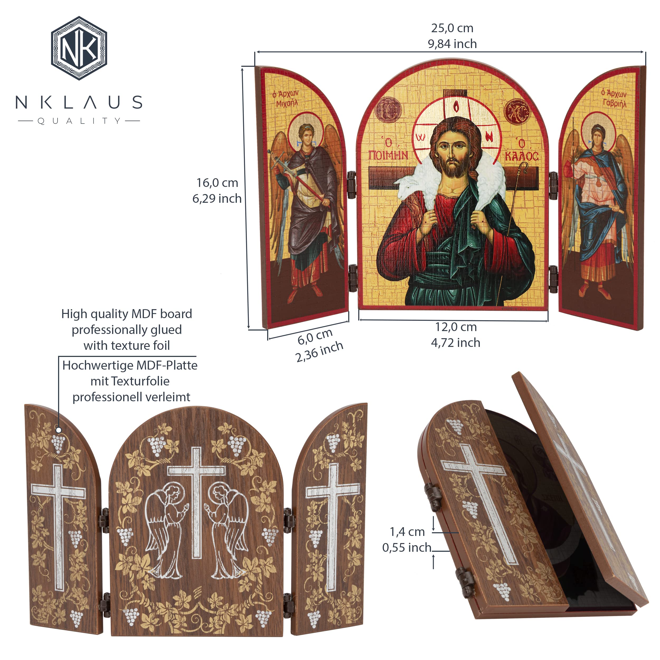 NKlaus Guter Hirte Triptych Wooden Icon 25 x 16 cm Christian 11314, Good Shepherd, 25L x 16W cm - Image 2