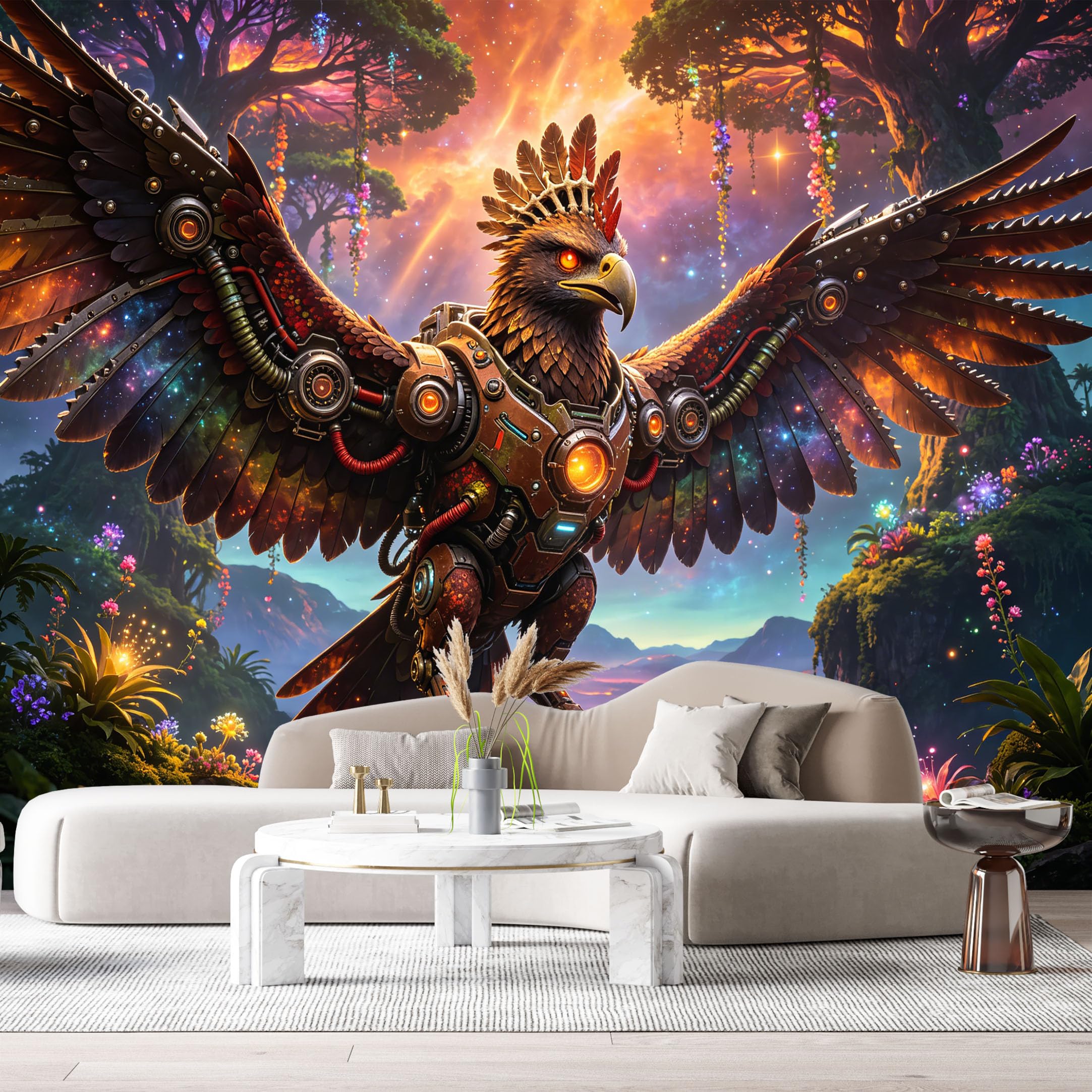 Custom Size Wall Mural Mechanical Armor Eagle Futuristic SciFi Neon Mecha SelfAdhesive Art Prints Removable Large Wallpaper Boy Bedroom Esports Room Game Room Tenant Room Studio