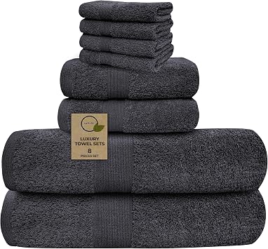 Luxury 8 Piece Towel Set, 2 Bath Towels 2 Hand Towels 4 Washcloths, Towels for Bathroom, Home, Spa & Gym - Highly Absorbent Ultra Soft Quick-Dry Grey