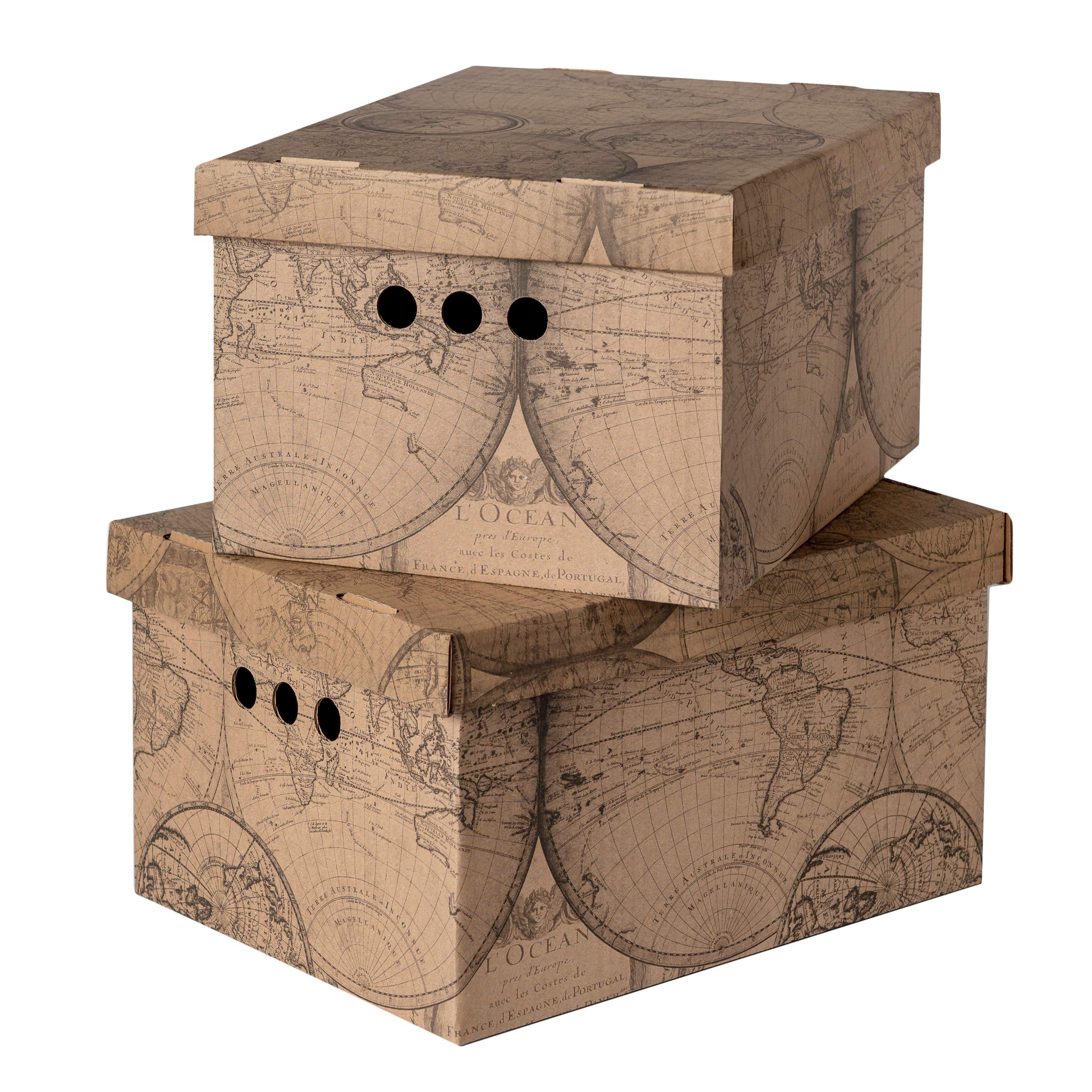 SOFTILLO Pack of 2 Decorative Storage Boxes With Lids Home Office Bedroom Wardrobe Box Organiser Archive Box with Lid Multi-Use General Storage Archive Box with Lid Stylish Set Large Old Map