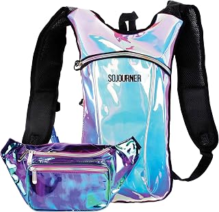 Fanny Pack (Transparent Purple) bundle with Hydration Pack Backpack (2 Pocket Iridescent Blue) with 2L Water Bladder Included