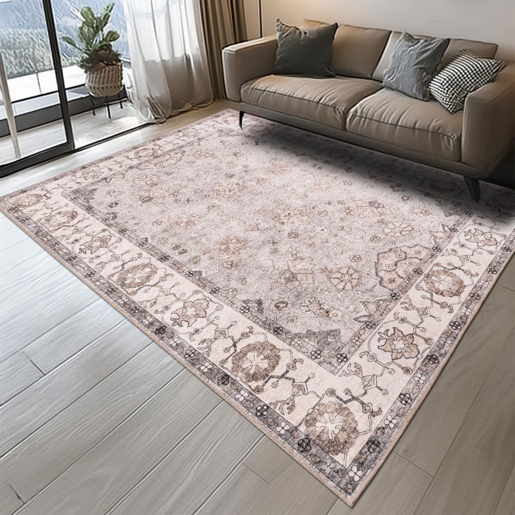 homeart Grand tapis lavable en machine - 67 % coton - Avec envers antidérapant - Ne perd pas ses poils - Pour salon, chambre à coucher, cuisine, salle à manger, couloir - Motif floral crème gris 200 x