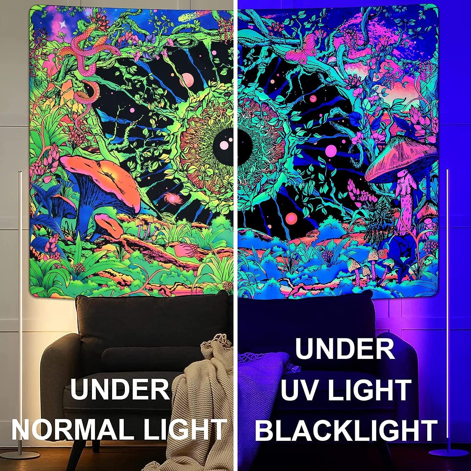 Tapisserie Murale Lumière Noire - Design Psychédélique Hippie Avec Champignons Et Œil - 150x130 Cm - Décoration Chambre Adolescent