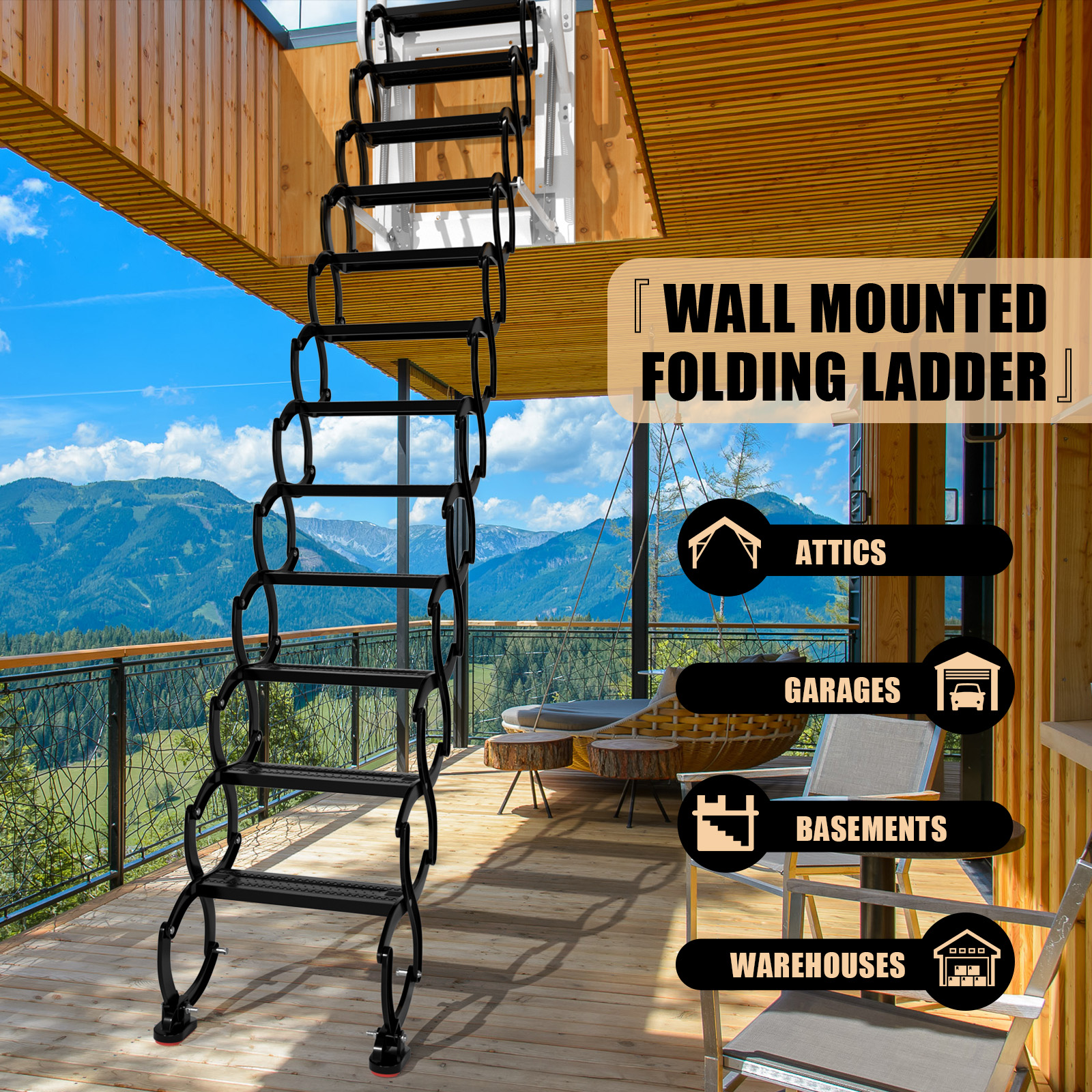 Wall Mounted Folding Loft Ladder Retractable S-shaped Design 12-Step ...