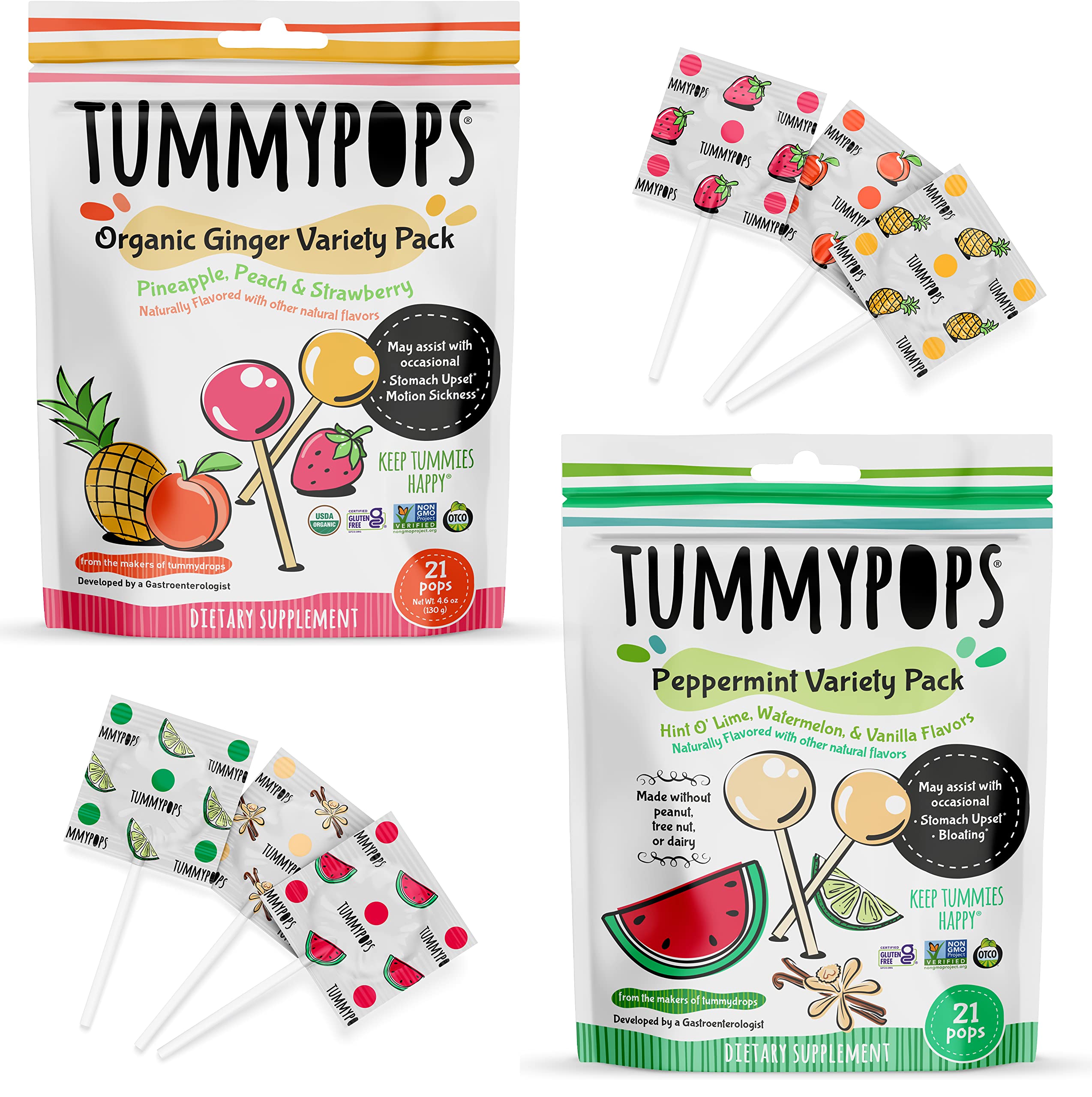 Tummypops & Drops Variety Pack (1 bag organic strawberry, peach, & pineapple ginger mixed pack and 1 bag lime, watermelon, & vanilla peppermint mixed pack & 1 bag blackberry ginger tummydrops)