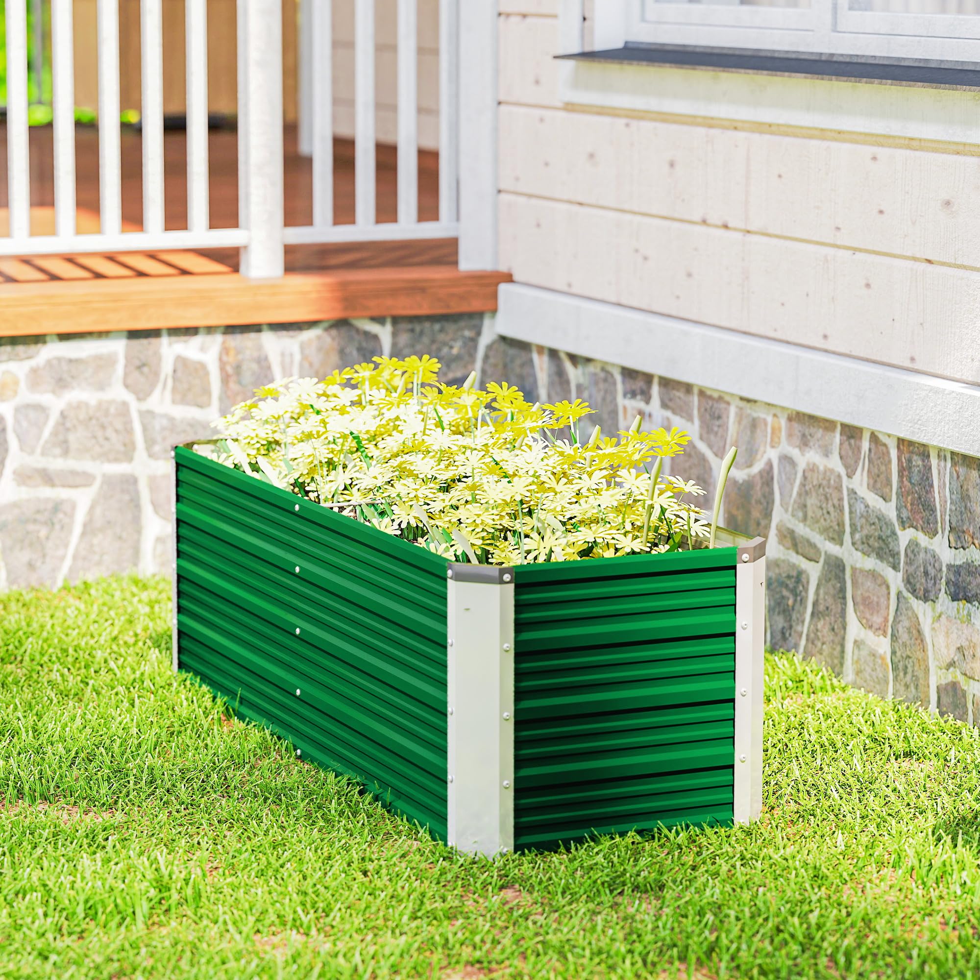 Outsunny Letto per Orto Rialzato da Esterno 210L, Fioriera da Balcone in Acciaio Galvanizzato con Fondo Aperto, per Piante, Fiori e Verdure, 125x47x44 cm, Verde