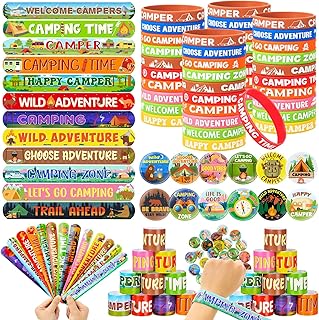 Tondiamo 120 Pcs Camping Party Favors for Kids 40 Camping Theme Silicone Bracelet Wristbands 40 Colorful Slap Bracelets 40 Button Pin Badges for Adults Boys Girl Summer Party Decorations Gift Supplies
