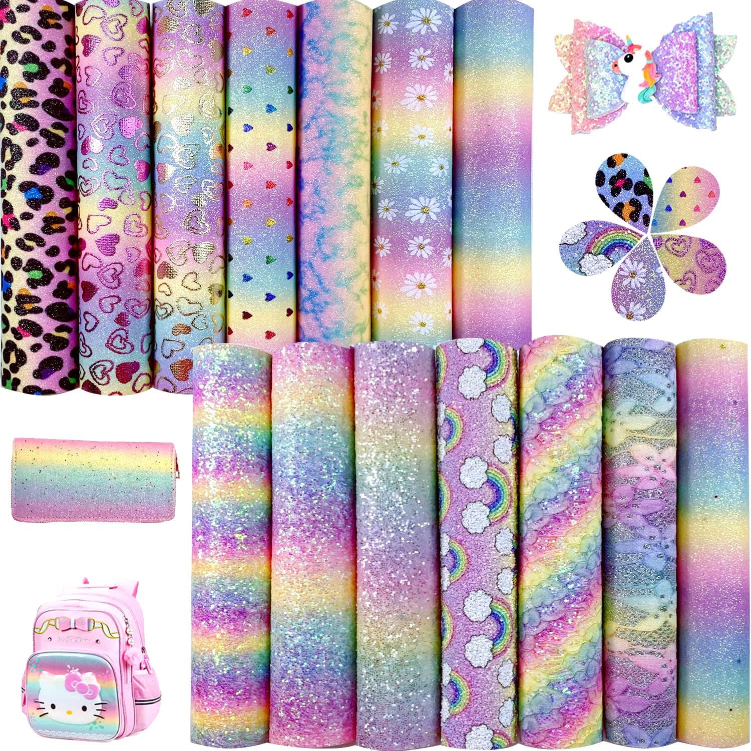 Shalun Light Pink Rainbow Chunky Fine Glitter Faux Leather Sheets 8x12inch Shiny Lace Leopard Heart Floral Cartoon Colorful Print Iridescent PU Canvas Fabric for Cricut Princess Bows (Pastel Rainbow)