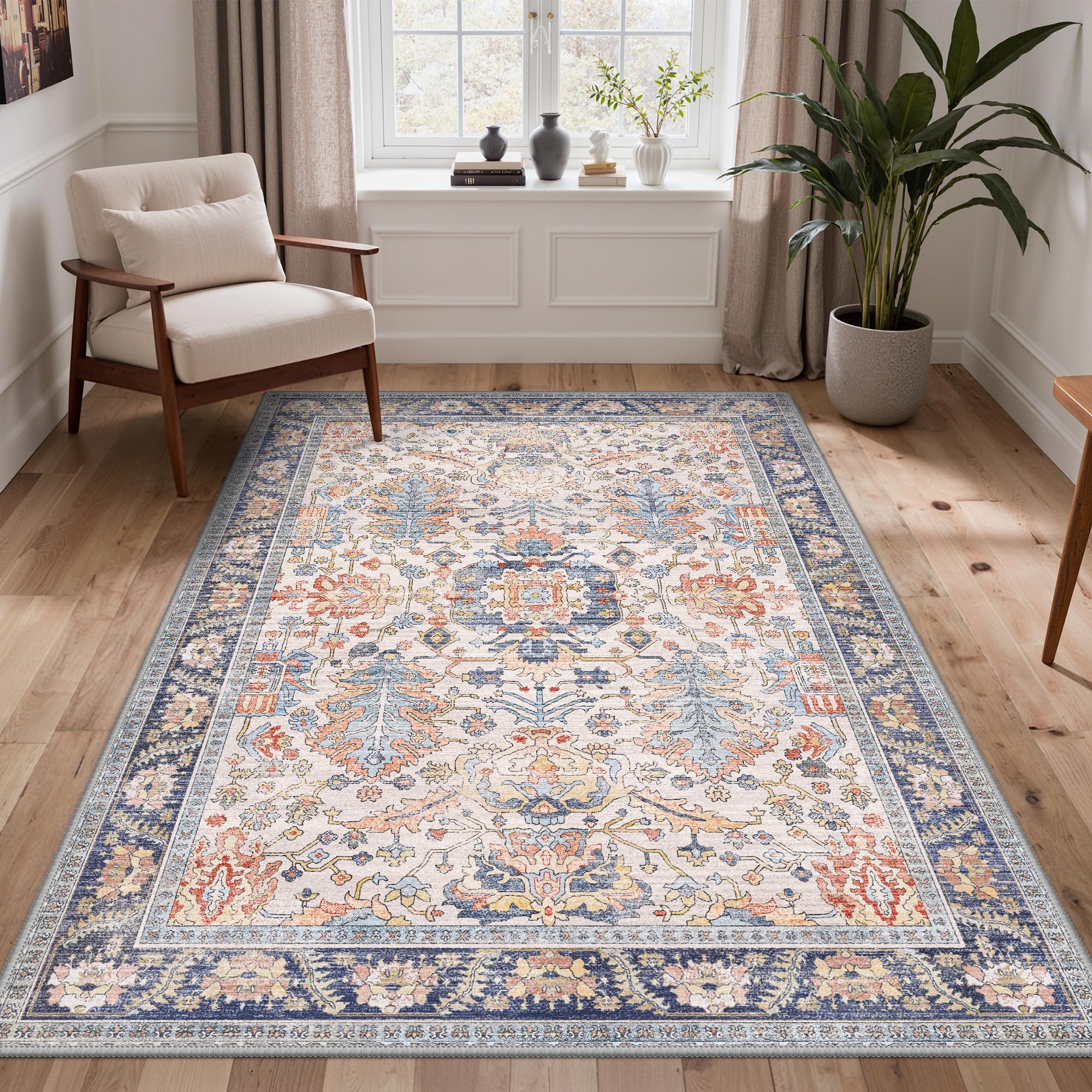 BEIMO Washable Rugs Living Room 120x170cm, Nursery Rug Boho Design Area Rug for Bedroom Soft Low Pile, Non-Slip Large Rugs for Living Room, Dining Room, Retro Floral Motifs Geometric, Terracotta