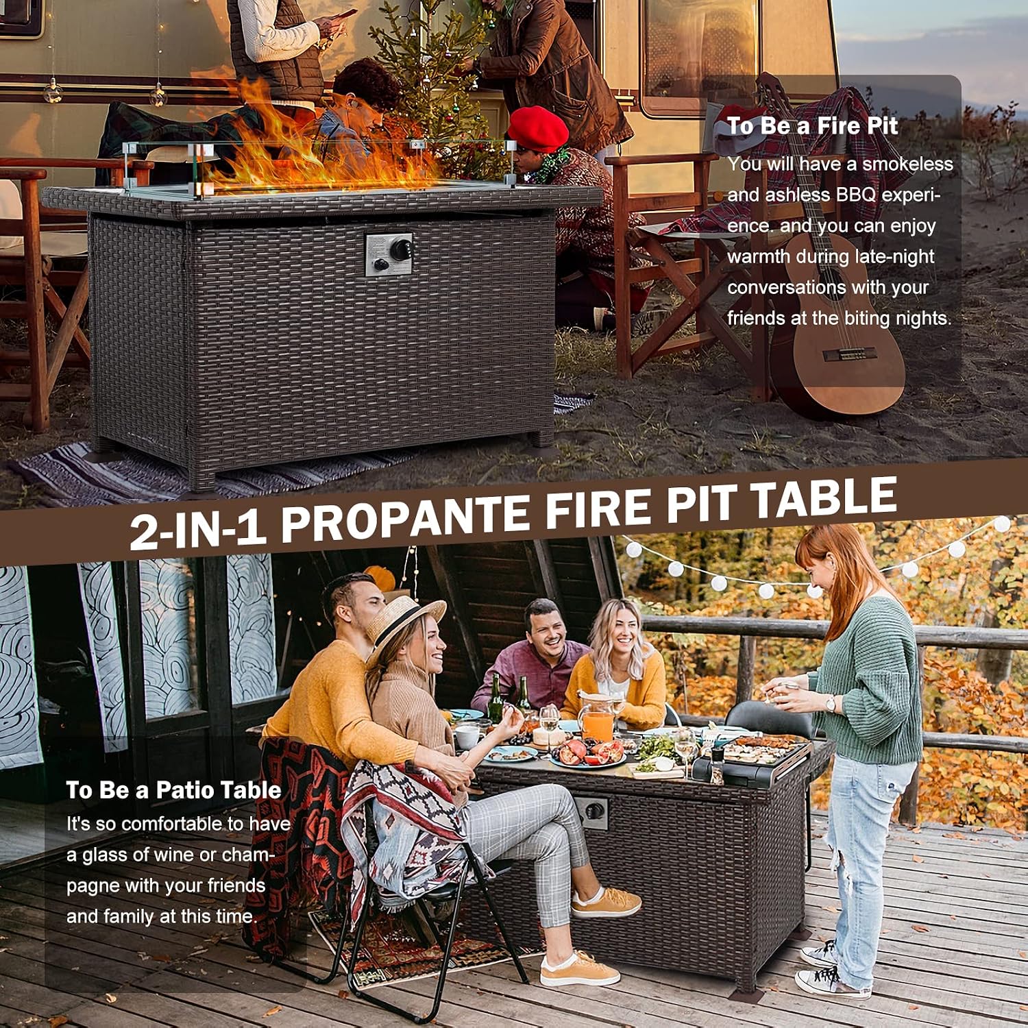 Propane Gas Fire Pit Table with Wind Guard for Outdoor, Auto-Ignition Firepits 43'' Rattan Table 50,000 BTU, Brown