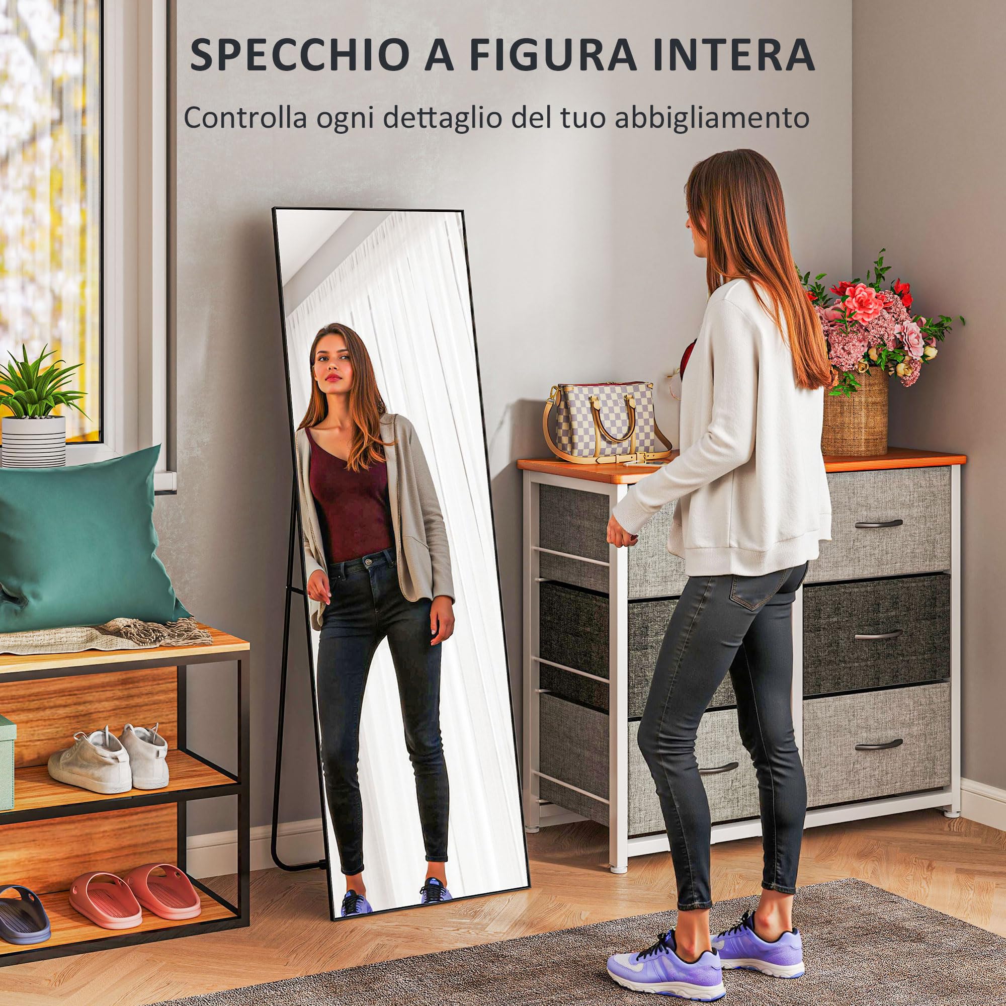 HOMCOM Specchio da Terra Moderno a Figura Intera, 40x150 cm Specchio da Parete e Autoportante Rettangolare con Cornice, Ganci e Supporto per Camera da Letto, Soggiorno e Ingresso, Nero