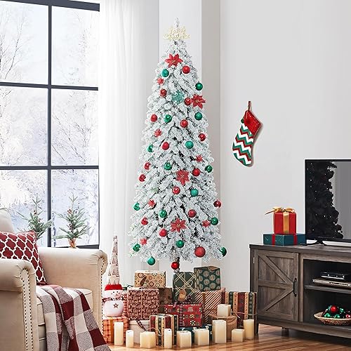 Miniatura 7 de Yaheetech 7.5ft Snow Flocked Artificial Christmas Tree with Lights, Pre-Lit Slim Pencil Christmas Tree wIncandescent Warm Lights &amp; Metal Plate Base,