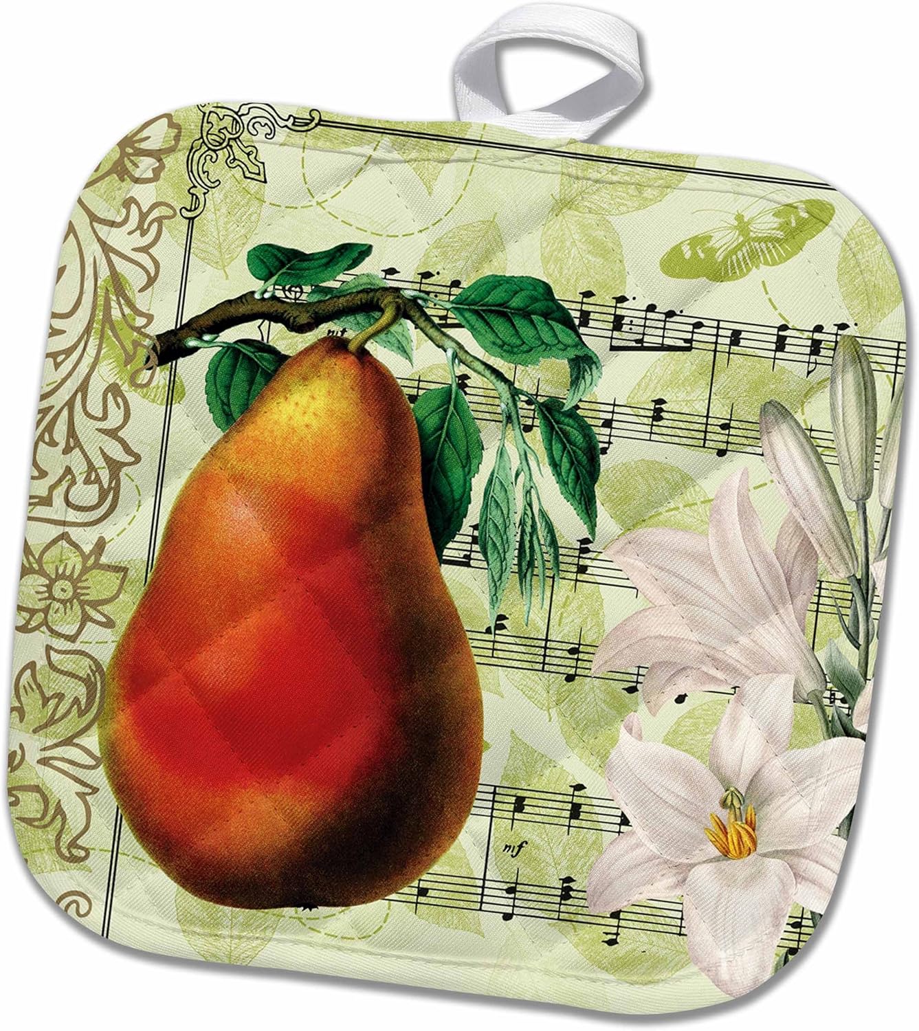 3D Rose Vintage Pear Lilies Botanical Pot Holder, 8" x 8"