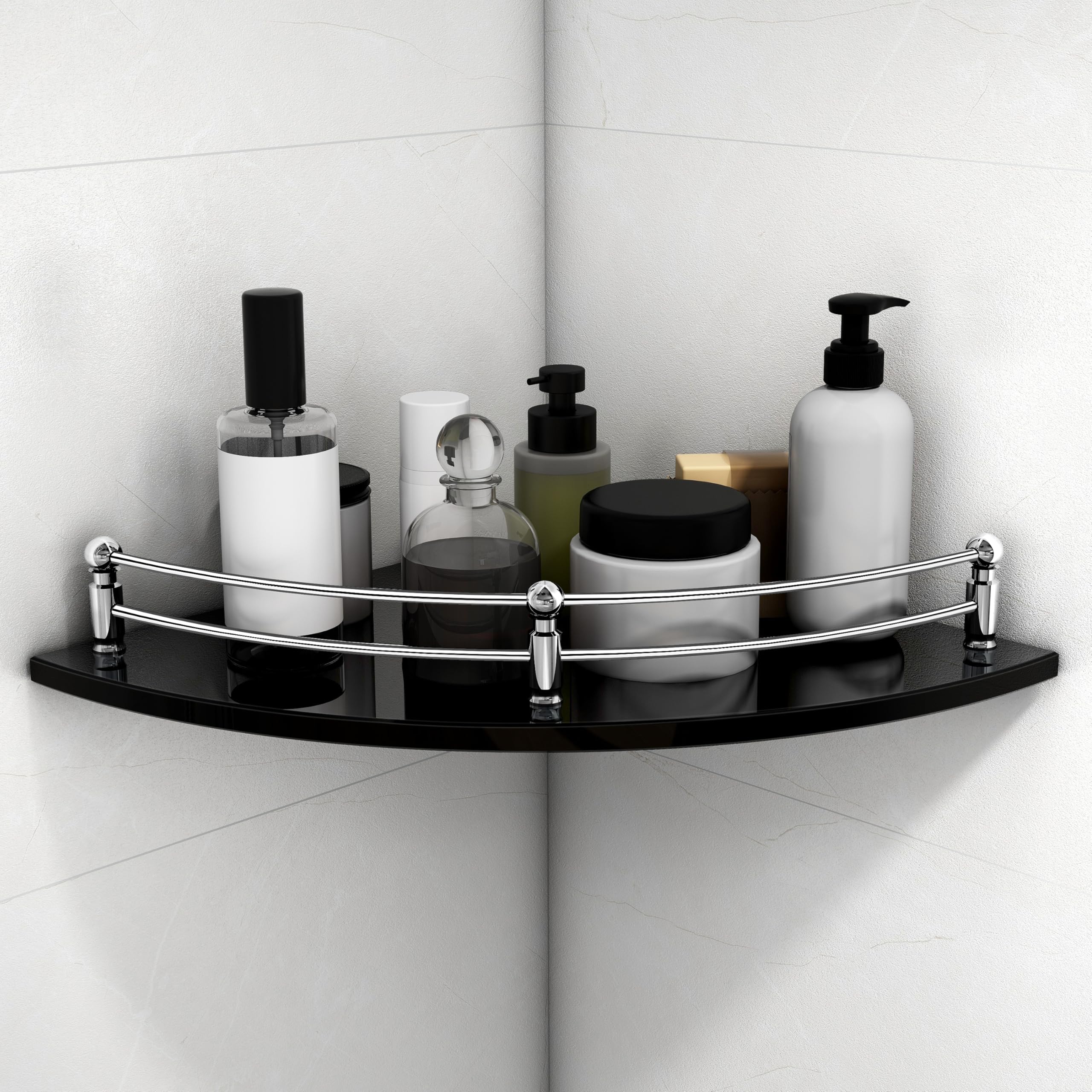 Plantex Black Glass Corner Shelf for Bathroom/Living Room Corner Shelf Wall Mount with Stainless Steel Railings and Brackets - Premium Bathroom Accessories (12 x 12 Inches - Pack of 1)