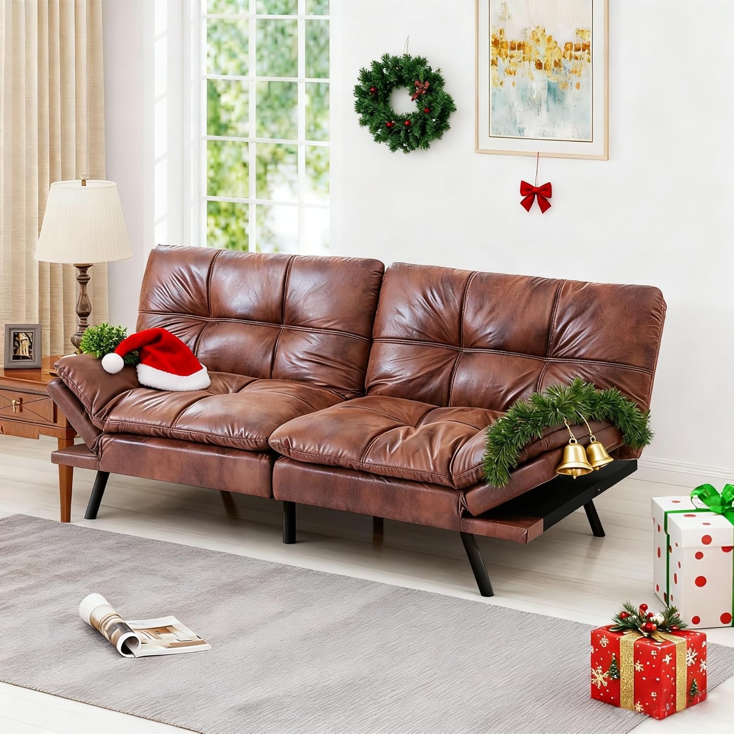 MUUEGM 71" Convertible Futon Sofa Bed, Adjustable Backrest & Armrest Couch, Comfortable Sleeper Loveseat with Faux Leather, Ideal for Small Space Living Room, Apartment, Office, Black