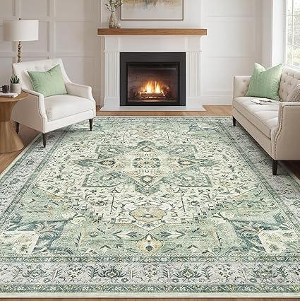 Tortania Area Rug Living Room Rugs - 7x9 Washable Boho Rug Vintage Oriental Distressed Farmhouse Large Thin Indoor Carpet for Living Room Bedroom Under Dining Table Home Office - Green