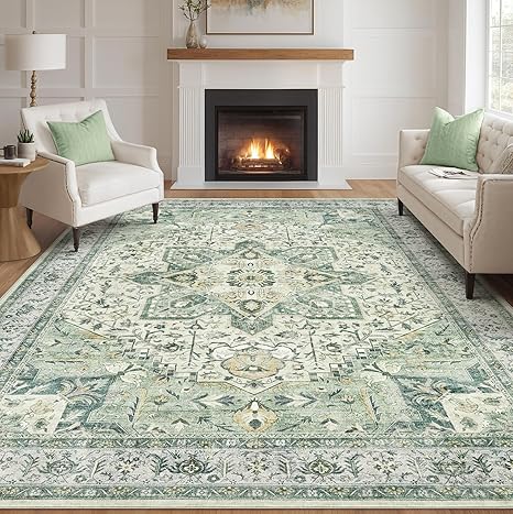 Tortania Area Rug Living Room Rugs - 7x9 Washable Boho Rug Vintage Oriental Distressed Farmhouse Large Thin Indoor Carpet for Living Room Bedroom Under Dining Table Home Office - Green