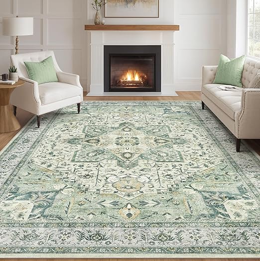 Tortania Area Rug Living Room Rugs - 7x9 Washable Boho Rug Vintage Oriental Distressed Farmhouse Large Thin Indoor Carpet for Living Room Bedroom Under Dining Table Home Office - Green