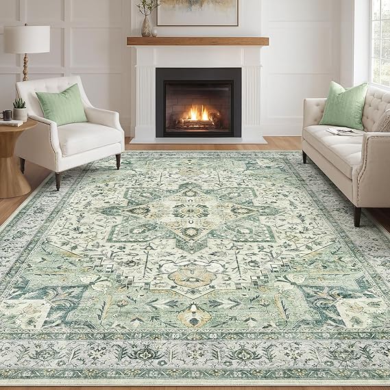 Tortania Area Rug Living Room Rugs - 7x9 Washable Boho Rug Vintage Oriental Distressed Farmhouse Large Thin Indoor Carpet for Living Room Bedroom Under Dining Table Home Office - Green